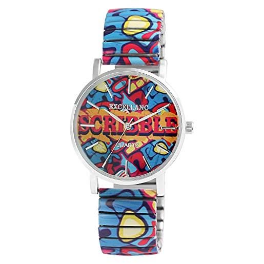 Excellanc orologio da donna con cinturino in acciaio inox, ø 36 mm, motivo colorato, stampa analogico, al quarzo, 1700060, azzurro giallo rosa, cinghia