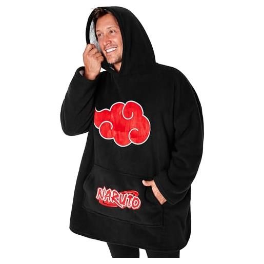 Naruto felpa coperta con cappuccio uomo - felpe oversize di pile blanket hoodie taglia unica gadget ufficiale (nero/rosso)