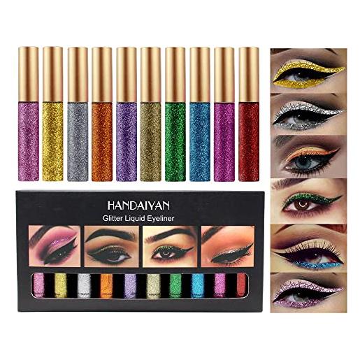 Beauty glazed - 10 eyeliner metallizzati in diversi colori, impermeabile, luccicanti, con pigmenti, ombretto glitter liquido, a lunga durata