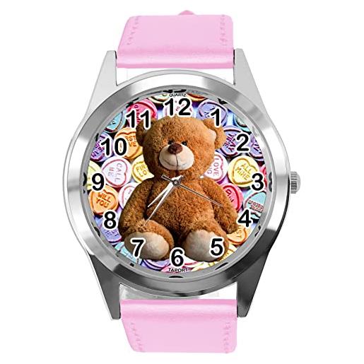 TAPORT orologio rotondo al quarzo in pelle rosa per i fan dell'orsacchiotto e2, rosa confetto, cinturino