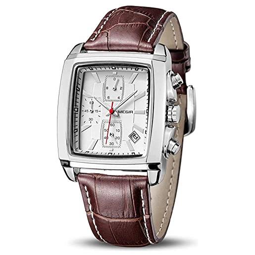MEGIR orologi analogici da uomo cronografo rettangolo luminoso orologio da polso al quarzo con cinturino in pelle per il lavoro sportivo, bianco