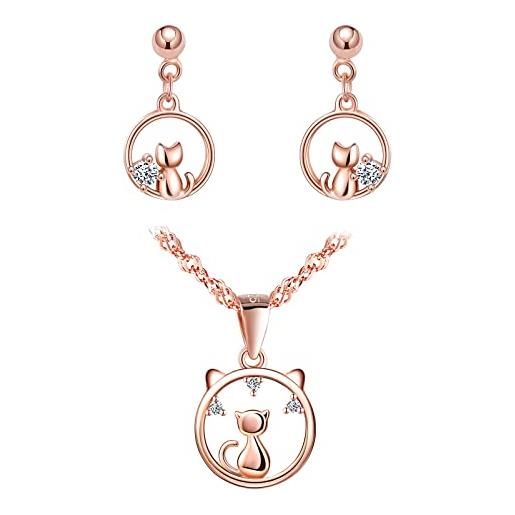 CPSLOVE collana e orecchini oro rosa da donna, parure di gioielli in argento 925, eleganti collane di gatti, orecchini di gatto carino, zircone intarsiato