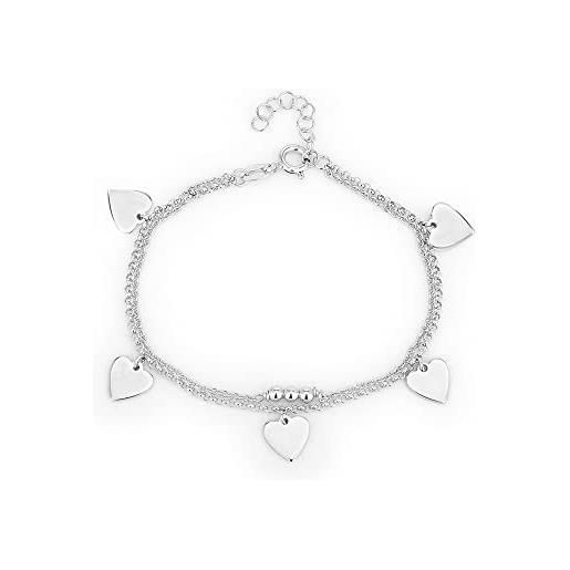Vanbelle argent sterling - tampon plaqué rhodium - cœurs suspendus avec chaîne double couche - bracelet élégant fabriqué à la main pour femme - 16,5 de long + 2,5 d'extension