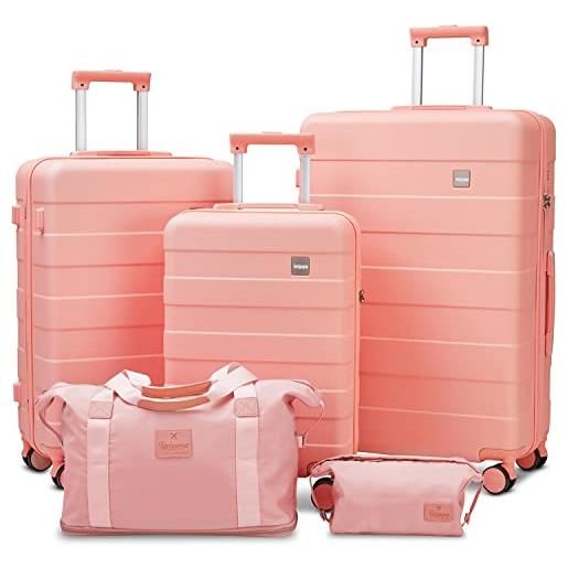 imiomo set di valigie da 3 pezzi, valigia con ruote girevoli, set di bagagli da donna, leggero e rigido, da viaggio, con serratura tsa, rosa, checked luggage 24in, trasportare i bagagli