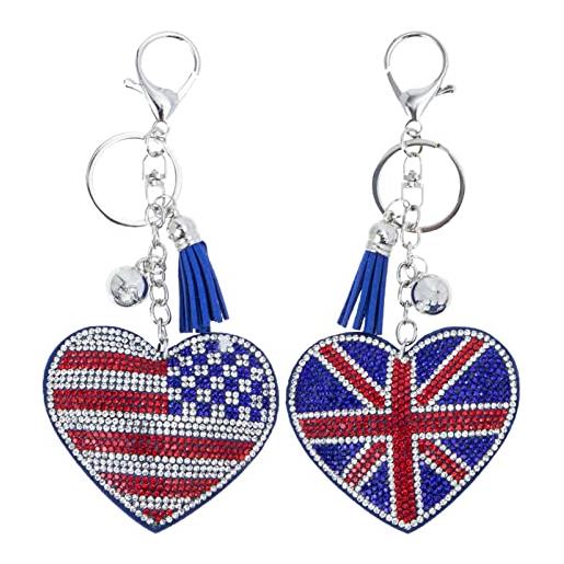 Beavorty 2pcs americano del cuore portachiavi uk usa bandiera 3d scintillante di fascino del cuore strass chiave anello di chiusura catena chiave per il sacchetto borsa zaino