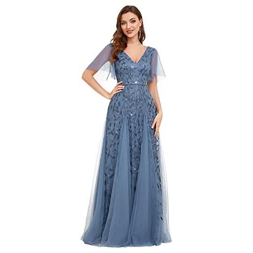 Ever-Pretty vestiti da damigella linea ad a scollo a v per cerimonia sera damigella lungo con paillettes donna denim blu 44