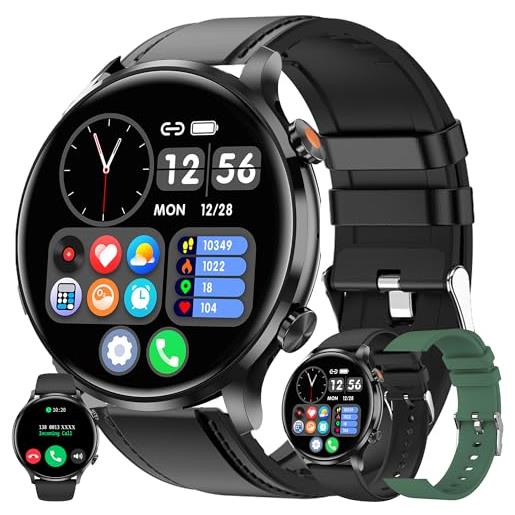 MYSHUN smartwatch uomo chiamata bluetooth e risposta vivavoce, 1,39" pelle smart watch con 123 sport contapassi cardiofrequenzimetro sonno notifiche messaggi orologio fitness tracker android ios (nero)