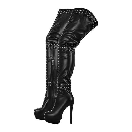 blingqueen stivali da donna con plateau sopra il ginocchio, a spillo, rivetti neri, 38 eu