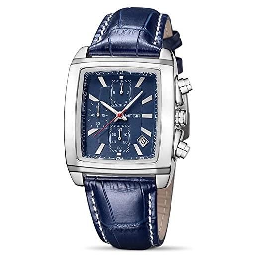 MEGIR orologi analogici da uomo cronografo rettangolo luminoso orologio da polso al quarzo con cinturino in pelle per il lavoro sportivo, argento blu