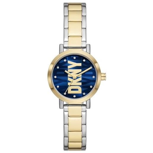Dkny orologio da donna soho, movimento a tre lancette, acciaio inossidabile con cassa di 28 mm e bracciale in pelle o acciaio inossidabile, 2 toni argento e oro