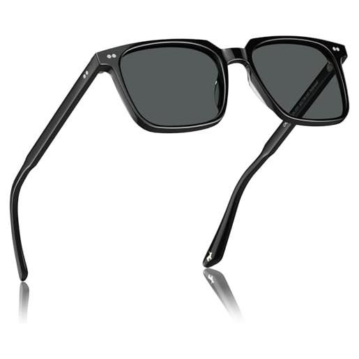 Carfia occhiali da sole polarizzati vintage per uomo, protezione uv400, quadrati, retrò, antiriflesso, con custodia, nero e grigio. 
