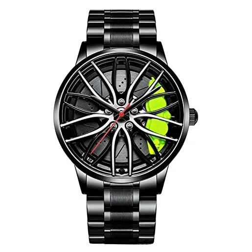 MIDYUID orologio da polso da uomo creativo cerchione auto mozzo al quarzo sportivo impermeabile design personalizzato forma di cerchione auto 3d orologio a ruota (green-02)