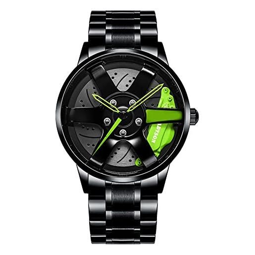 MIDYUID orologio da polso da uomo creativo cerchione auto mozzo al quarzo sportivo impermeabile design personalizzato forma di cerchione auto 3d orologio a ruota (green-01)