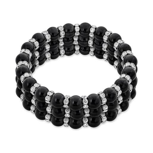Bling Jewelry set di 3 braccialetti elastici a strati di perline nere a forma di pallina per donne con spaziatori in cristallo bianco e rondelle in argento placcato ottone