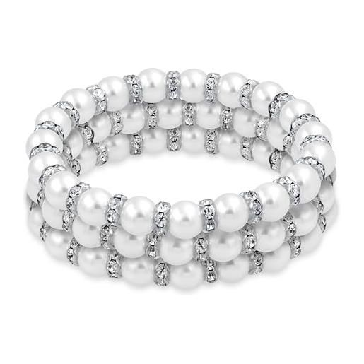 Bling Jewelry set di 3 braccialetti elastici impilabili con perle bianche simulate per donne spaziatori rotondi di cristallo bianco e base in ottone placcato argento