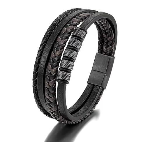 JSNOM bracciale uomo pelle intrecciata: bracciali vera pelle multistrato con chiusura magnetica in acciaio inox, gioielli regalo per natale san valentino compleanno per fidanzato figlio (black, 19)