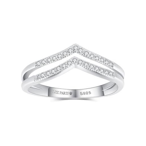 LUZ PARIS - anello da donna in argento sterling 925 composto da 2 bande a forma di v con 15 zirconi bianchi incastonati su ciascuna delle fasce - (dalle 10 alle 20), rodio su argento 925, argento