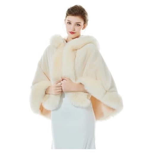 BEAUTELICATE donna mantello corto con cappuccio in pelliccia sintetica stola in pelliccia caldo cappotto per matrimonio invernale sposa