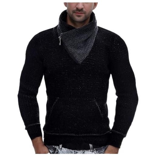 Duohropke maglione da uomo a maglia con collo sciallato, slim fit, invernale, estivo, moderno, da uomo, colore nero, a maniche lunghe, con colletto, nero , xxl