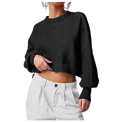 ORANDESIGNE maglione corto da donna spalla a goccia maglione a maglia manica lunga felpa a girocollo elegante casual colore solido top a nero m
