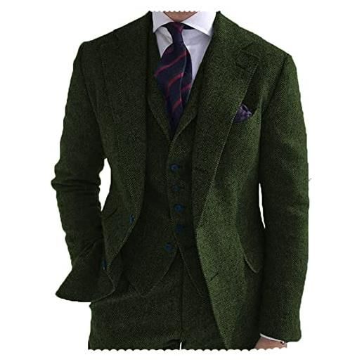 AeoTeokey abito retrò da uomo, 3 pezzi, in tweed a spina di pesce, in lana smoking, sposo da sposa, verde militare, 102