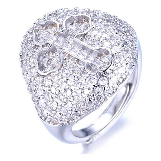 HALUKAKAH anello in oro con diamanti iced out, uomo placcato in oro bianco platino con motivo croce anello taglia regolabile con 0 pacco regalo