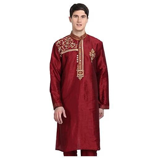 SKAVIJ kurta per uomo camicia lunga ricamata in seta artistica abito da sposa indiano (small, red)