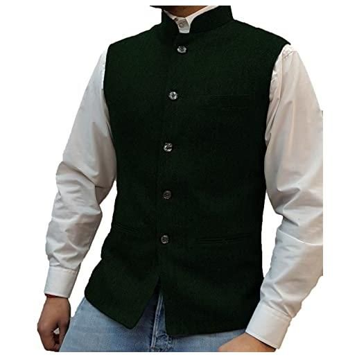 Neil Melody tweed vest suit herringbone vintage lana slim fit retro gilet collo alto, verde militare, xxl