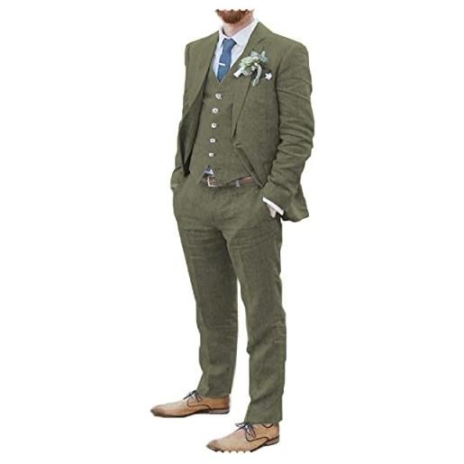 AeoTeokey abito da uomo in lino 3 pezzi morbido da spiaggia da smoking per matrimoni, verde oliva, 50