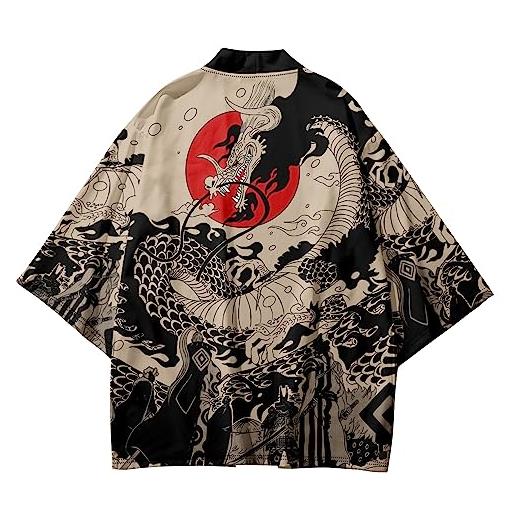 Uplateng kimono giapponese anime dragon print top oversize 6xl camicie da spiaggia estive allentate cosplay giapponese uomo donna cardigan haori hip hop streetwear (d, l)