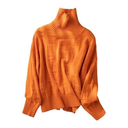 Generic maglione a collo alto in lana scozzese da donna inverno pullover giallo lavorato a maglia allentata, arancione, taglia unica