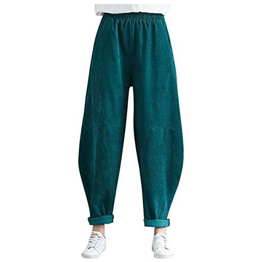 Bigassets donna vita elastica pantaloni harem pantaloni in velluto a coste con tasche green