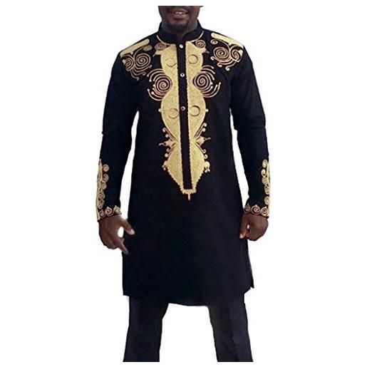 Caxndycing abbigliamento africano uomo dashiki manica lunga stampa oro e pantaloni vestito tradizionale set 2 pezzi uomo arabo islamico caftano abbigliamento etnico, nero , l