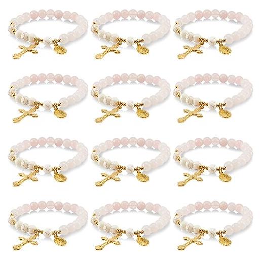 GOMAKERER 12 pz bracciale rosario, bracciale rosario in quarzo rosa bracciale elastico con perline turchesi sintetiche bracciale con perline incrociate per donna gioielli fatti a mano