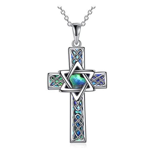 YFN collana con croce celtica in argento sterling con ciondolo a forma di albero della vita, con conchiglia di abalone, idea regalo per donne e uomini, argento sterling