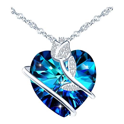 INFINIONLY collana di cristallo cuore dell'oceano, pendente cuore da donna, in argento 925, collana di cristalli blu oceano, circondato da rose, intarsiato con zircone lucido, lunghezza catena 45cm