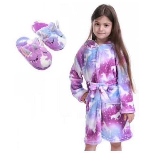 Z-YQL accappatoio con cappuccio con cappuccio per ragazze con pantofole unicorno, viola. , 6-7 anni