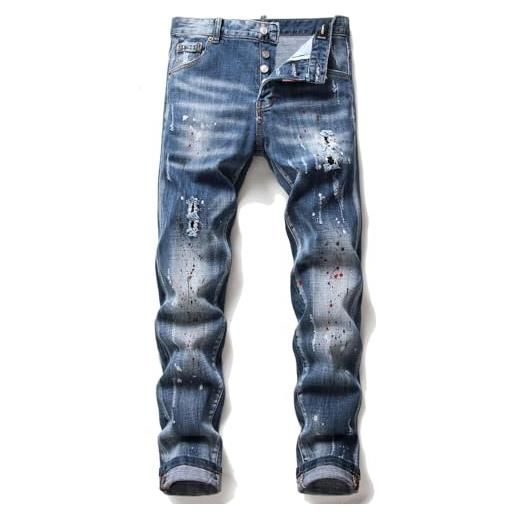 CABULE jeans da uomo strappati personalizzati ricamati con schizzi di inchiostro, gambe dritte slim elasticizzate, pantaloni alla moda con piedini - blu - 38/54