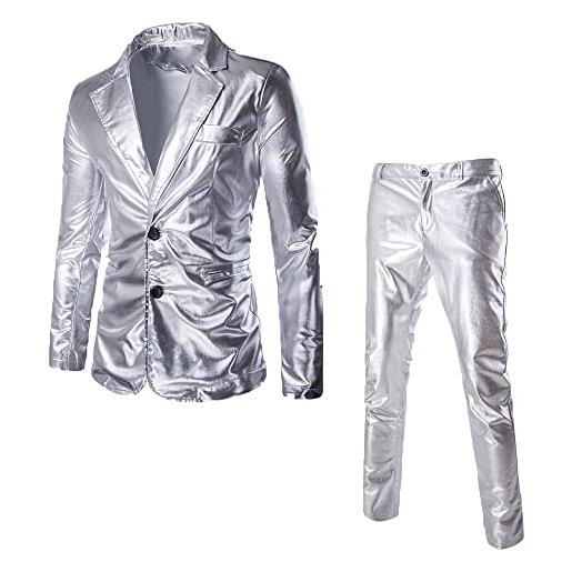FAWHEWX abito da uomo slim fit in 2 pezzi abbronzante lucido abito casual completo lucido metallizzato giacca a due bottoni discoteca moda cena smoking festa giacca pantaloni(argento/l)