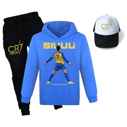 VELpen cr7novelty hooded outfit full zip leggera tracksuit, bambini ronaldo giacca e jogger pantaloni 3pcs set, blu, 150