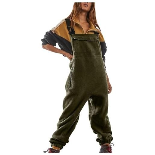 Minetom salopette da donna casual calda salopette in pile morbida tuta larga cinghie regolabili pantaloni con tasche a verde militare s