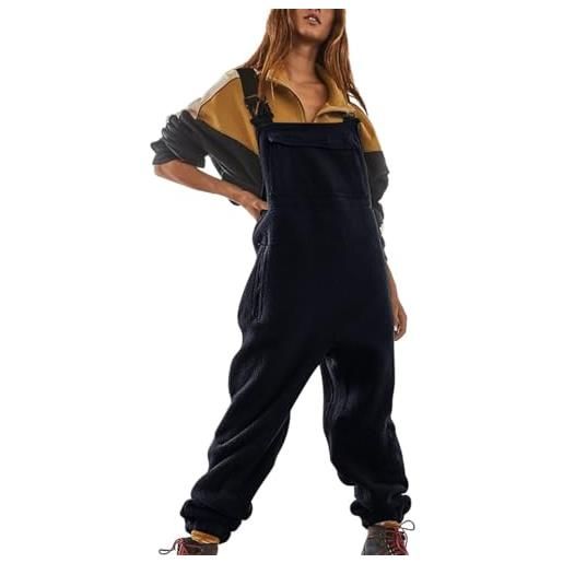 Minetom salopette da donna casual calda salopette in pile morbida tuta larga cinghie regolabili pantaloni con tasche a nero s