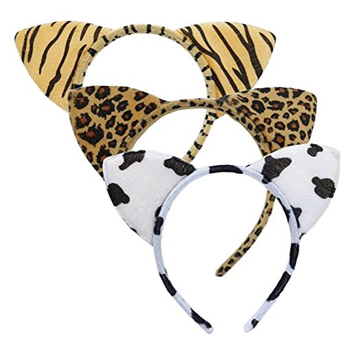 QUUPY 3 cerchietti per capelli con orecchie di gatto, in peluche, accessori per capelli per feste cosplay (tigre, mucca, leopardo), colori misti