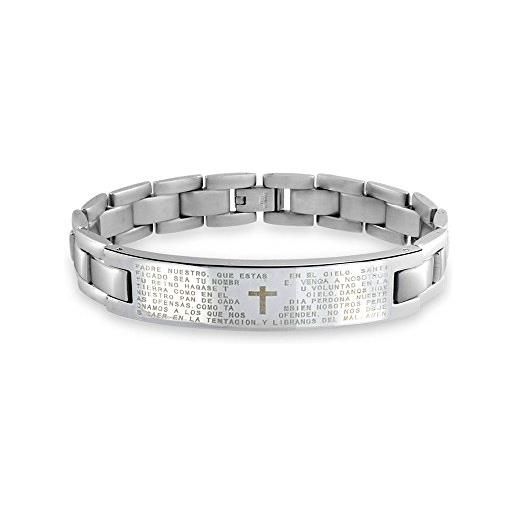 Bling Jewelry personalizza il nostro crocifisso della preghiera del signore el padre maestro link braccialetto id da polso per uomini in acciaio inossidabile tonalità argento