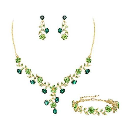 EVER FAITH set di gioielli da sposa in cristallo, set di collane e orecchini a foglia di fiore, set di accessori per costumi per feste nuziali, regalo per le donne verde oro fondo