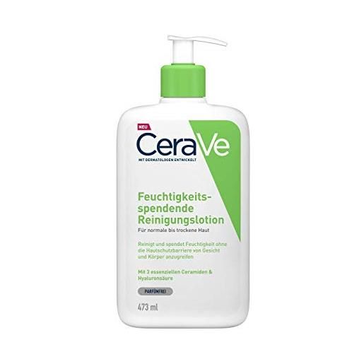 CeraVe - lozione detergente idratante per pelli normali e secche, pulizia delicata per corpo e viso, con 3 ceramidi essenziali e acido ialuronico, 473 ml