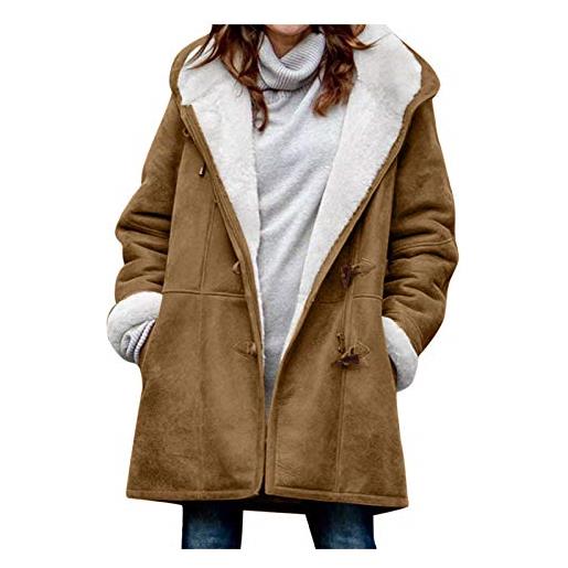 HaicoM giacca con cappuccio da donna cappotto invernale da donna in peluche con bottoni a tinta unita camicetta con tasche da donna in shearling trapuntato cappotto da parco casual cappotto irregolare con