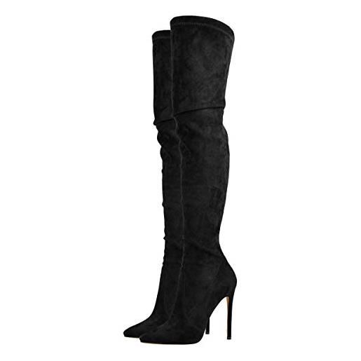 blingqueen stivali da donna sopra il ginocchio con tacco alto elasticizzato, velluto nero, 41 eu