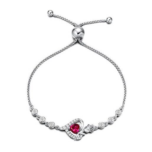 Agvana bracciali da donna, regolabile braccialetti cuore fiore rosa in argento sterling 925, pietra portafortuna di luglio ruby heart bracciale gemma regalo di gioielleria per donna regalo