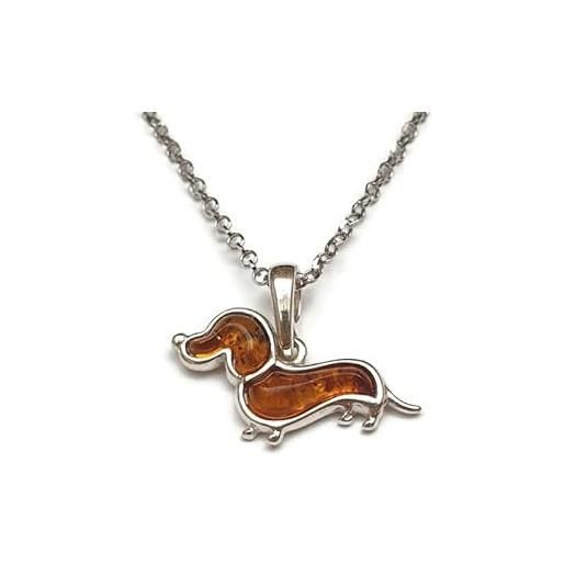 Kiara Jewellery argento sterling 925, piccolo cane di tasso/sausage dog pendant necklace inlaid with brown baltic amber on italian silver silver 18, catena in argento sterling, argento sterling